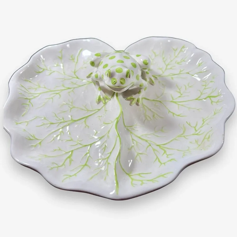 VTG Italian ceramic plate green dotted frog lily pad green white figural